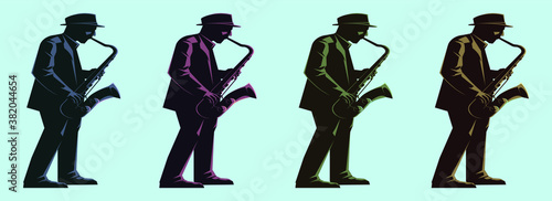 set of jazz man is playing on sax cartoon icon design template with various models. vector illustration isolated on blue background