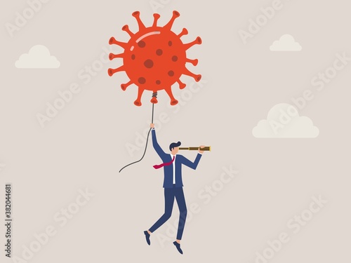 Businessman flying with a coronavirus pathogen balloon, investors or business owners seeking business profits from the coronavirus outbreak concept.