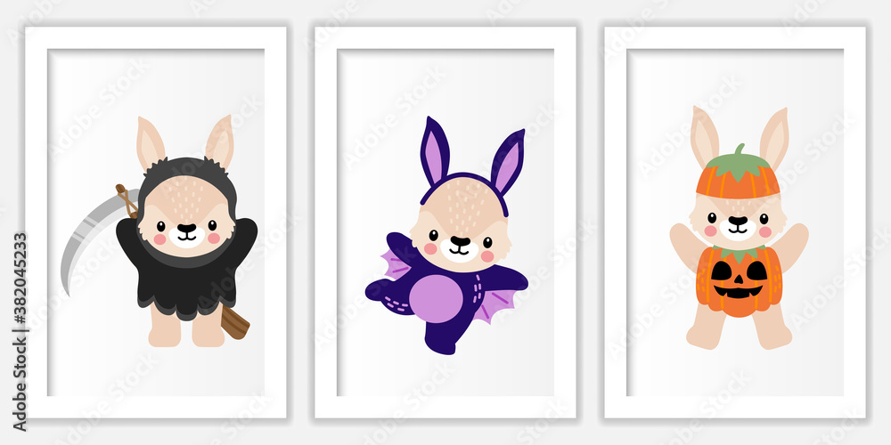 Obraz premium CUTE HALLOWEEN RABBIT BUNNY CARTOON DOODLE ILLUSTRATION