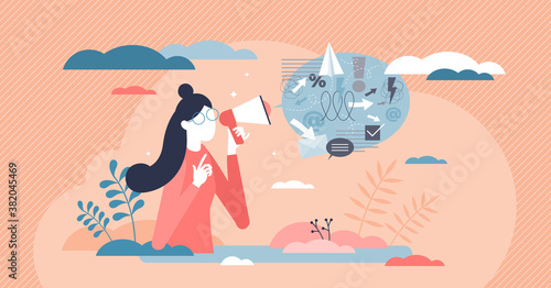 Public communication speech with promo message for media tiny person concept