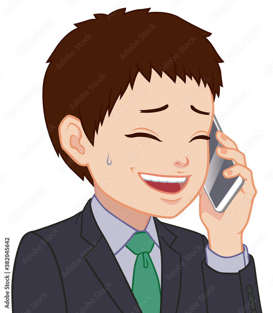 引きつった笑顔の通話中ちびキャラ 男性 タイプC 引きつった笑顔の通話中ちびキャラ 男性 タイプC