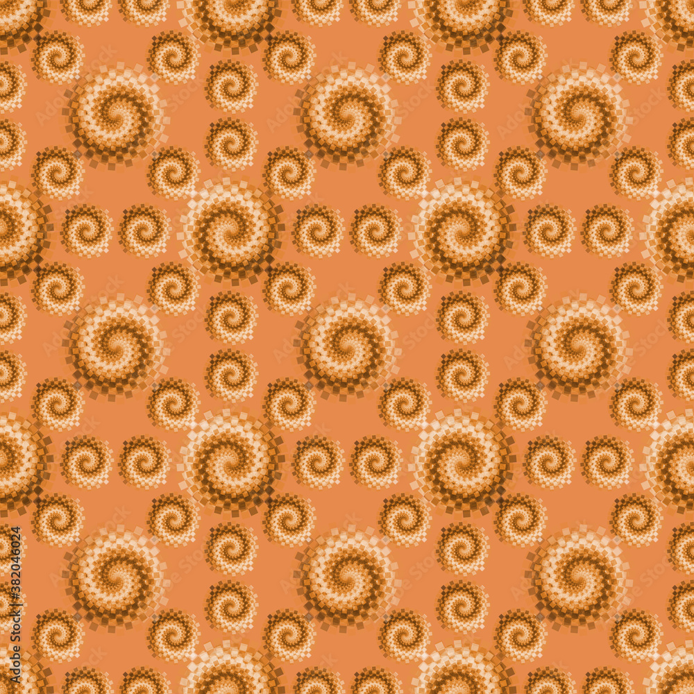 Spiral twisted circle black and white floral abstract seamless pattern on orange backgrounds retro style.