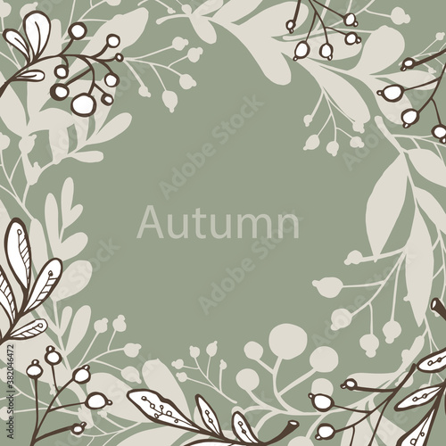 card square autumn silhouette twigs, leaves vector. Illustration of a wreath for design, clipart for postcards, calendars, textiles