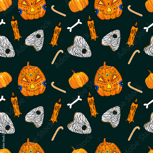 Happy halloween seamless pattern with pumpkins, candles, bones and ouija