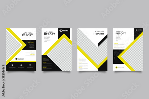  corporate real estate business company brochure template and flyer design mock up with connected hexagon polygons in green and blue shades as space for photo collage. white background