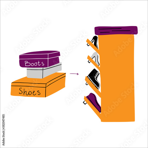 Before and after tydying up shoes. Shoe rack with shoes organization instead of using huge boxes. Hand drawn vector illustration of declutter boots in special furniture.
