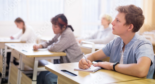 Portrait of diligent teenager schoolboy sitting in class working with classmates