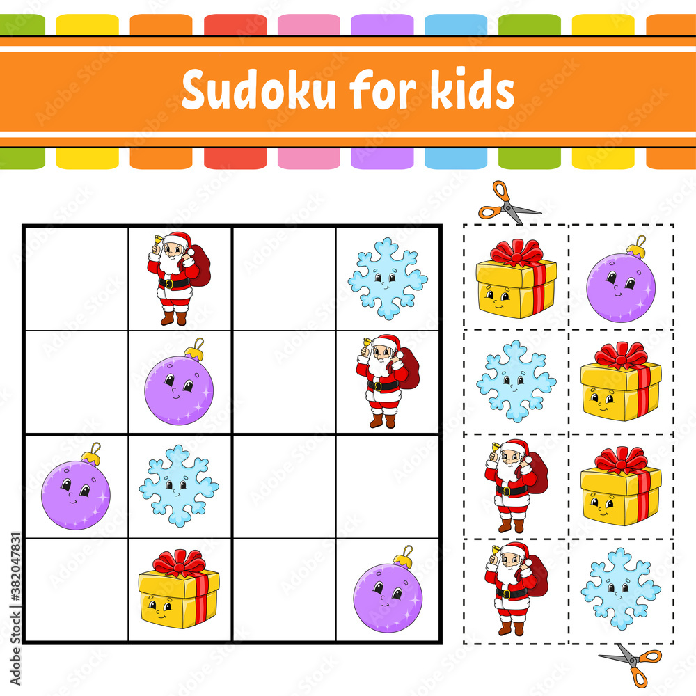 Fototapeta premium Sudoku for kids. Education developing worksheet. Activity page with pictures. Puzzle game for children. Logical thinking training. Isolated vector illustration. Funny character. Cartoon style.