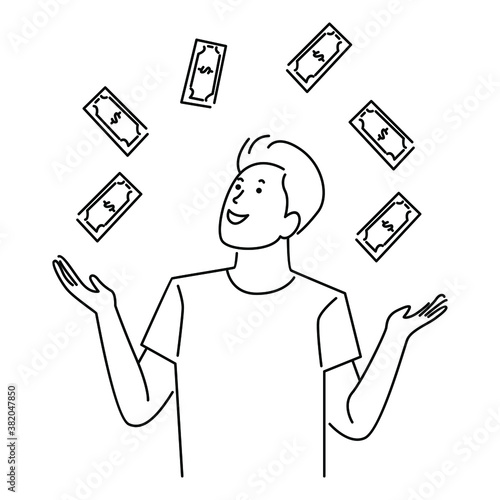 Man happy with a lot of dollar banknote flowing in the air