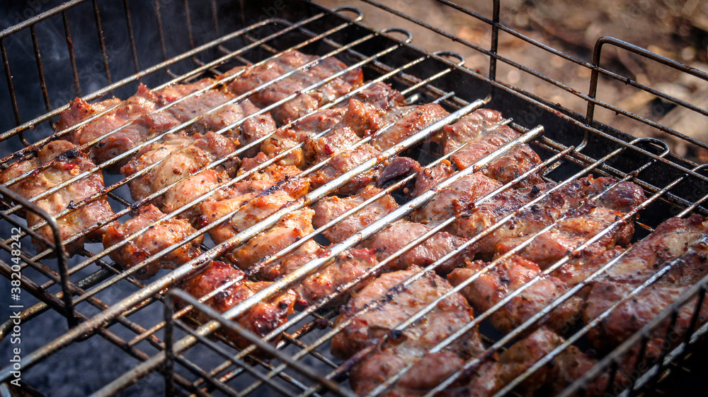 Kebab meat on an old grill. Cooking on a campfire close-up. Beautiful pieces of meat in spices and marinade.