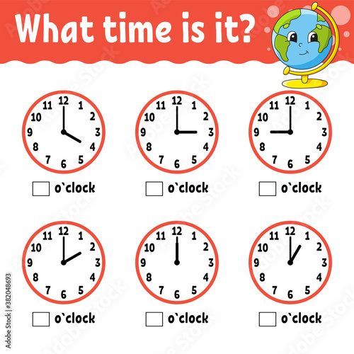 Learning time on the clock. Educational activity worksheet for kids and toddlers. Game for children. Simple flat isolated color vector illustration in cute cartoon style.