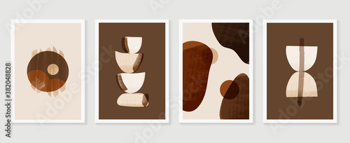 Botanical wall art vector set. Earth tone boho foliage line art drawing with  abstract shape.  Abstract Plant Art design for print, cover, wallpaper, Minimal and  natural wall art..