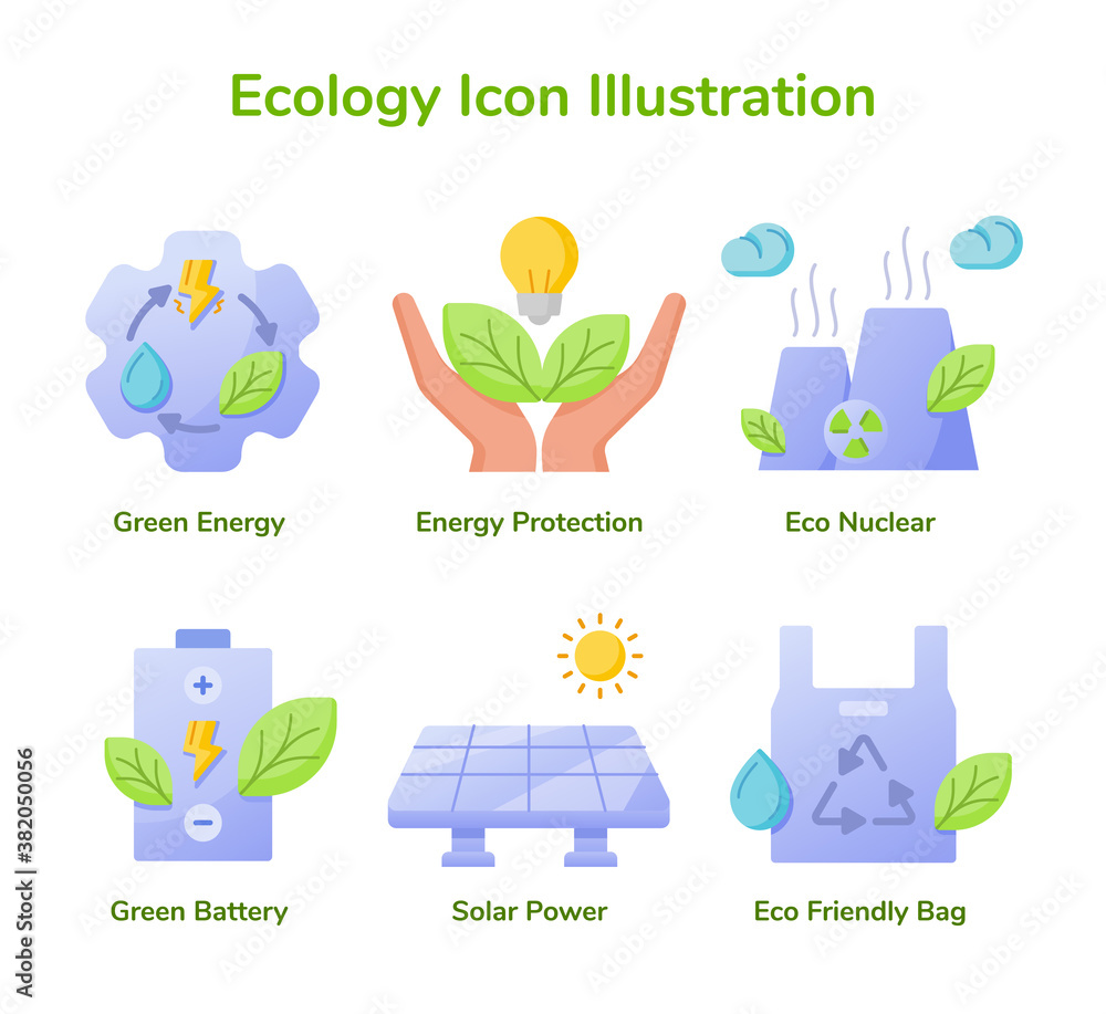 Fototapeta premium Ecology icon set collection green energy energy protection eco nuclear green battery solar power eco friendly bag white isolated background with flat style