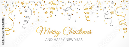Christmas banner with decoration. Falling confetti, festive border. Celebration golden and silver frame. For New Year and winter holiday banners, headers, party flyers. Vector illustration.