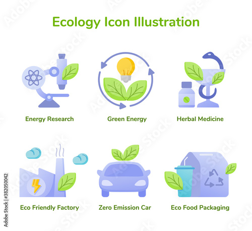 Ecology icon illustration energy research green energy herbal medicine eco friendly factory zero emission car eco food packaging white isolated background with flat style