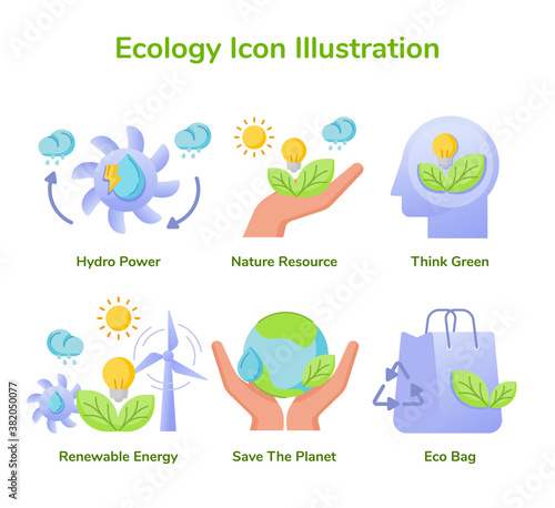 Ecology icon set collection hydro power nature resource think green renewable energy save planet eco bag white isolated background with flat style