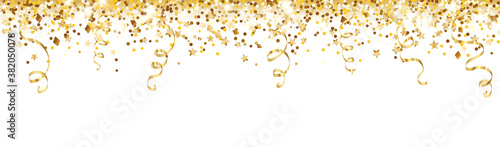 Celebration background with glitter decoration isolated on white. Falling confetti, holiday border. Festive golden frame. For Christmas, New Year banners, birthday or wedding party flyers. Vector.