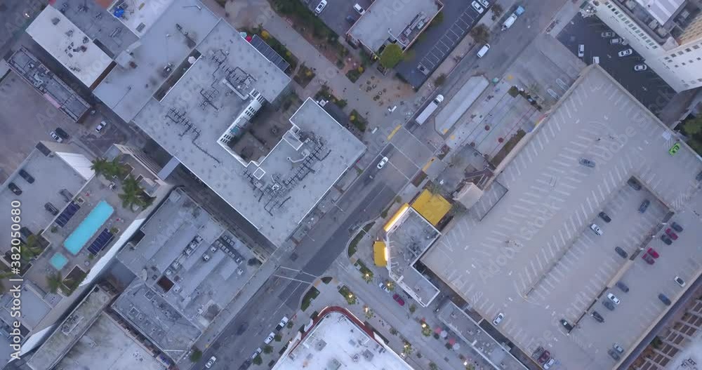 Long Beach, California / USA - Diagonal Aerial Drone Shot of Rooftops in Downtown Long Beach Long Beach, California / USA - Diagonal Aerial Drone Shot of Rooftops in Downtown Long Beach