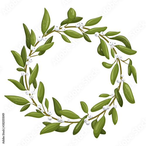 Christmas wreath with mistletoe branches. Modern design for Holidays invitation card  poster  banner  greeting card  postcard  packaging  print. Vector illustration.