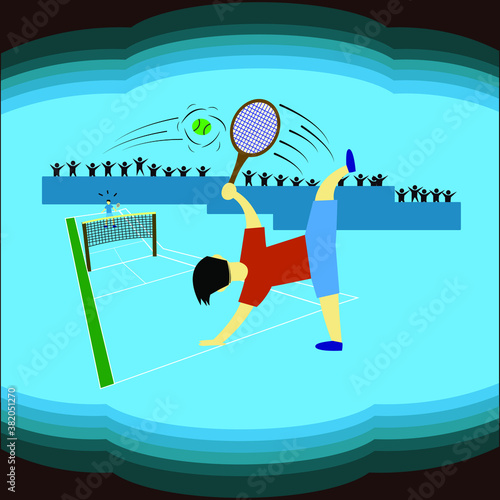 Cartoon illustration. A man will hit a tennis ball with kungfu moves