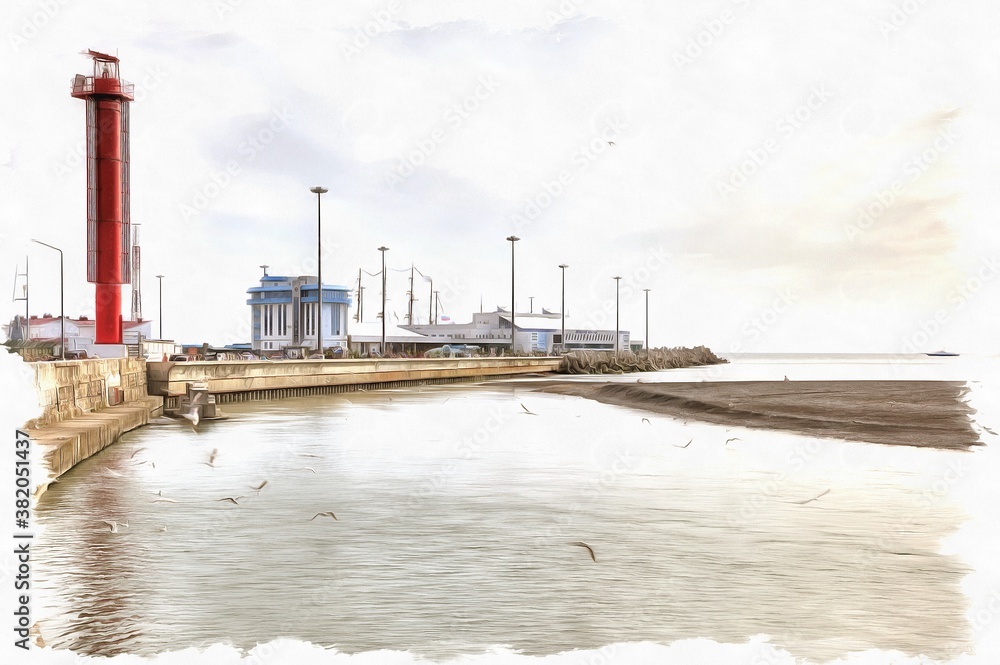 Obraz premium City Sochi. Marine port. Imitation of a picture. Oil paint. Illustration