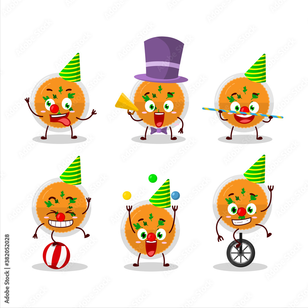 Cartoon character of mashed orange potatoes with various circus shows