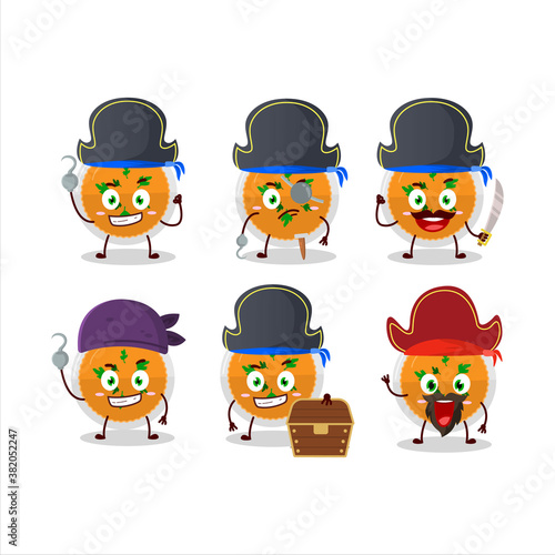 Cartoon character of mashed orange potatoes with various pirates emoticons