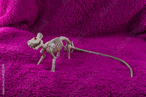 Scary Rat Skeleton with red eyes and long tail on fluffy purple backdrop.