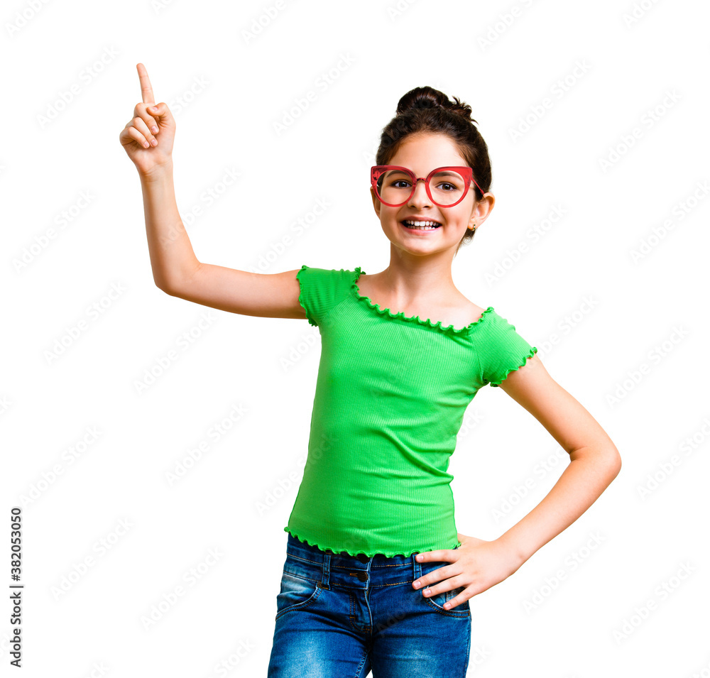 Evrika! Very happy excited cute little girl in green smart casual clothing and red glasses showing up or copyspace for some text. Success and advertising concept. Isolated over white background. Evrika! Very happy excited cute little girl in green smart casual clothing and red glasses showing up or copyspace for some text. Success and advertising concept. Isolated over white background.