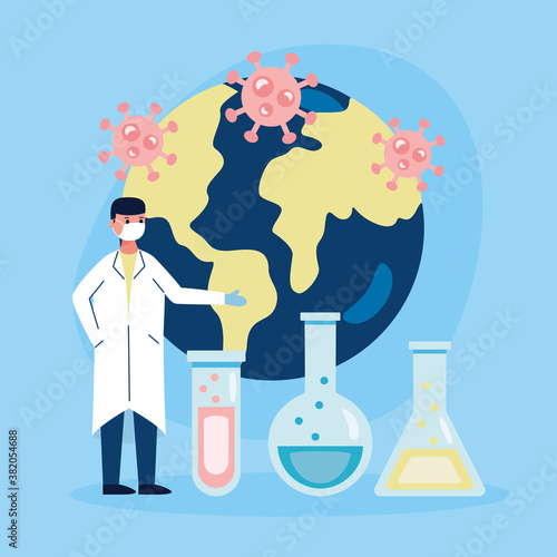 male scientific with tubes tests and planet earth vaccine research