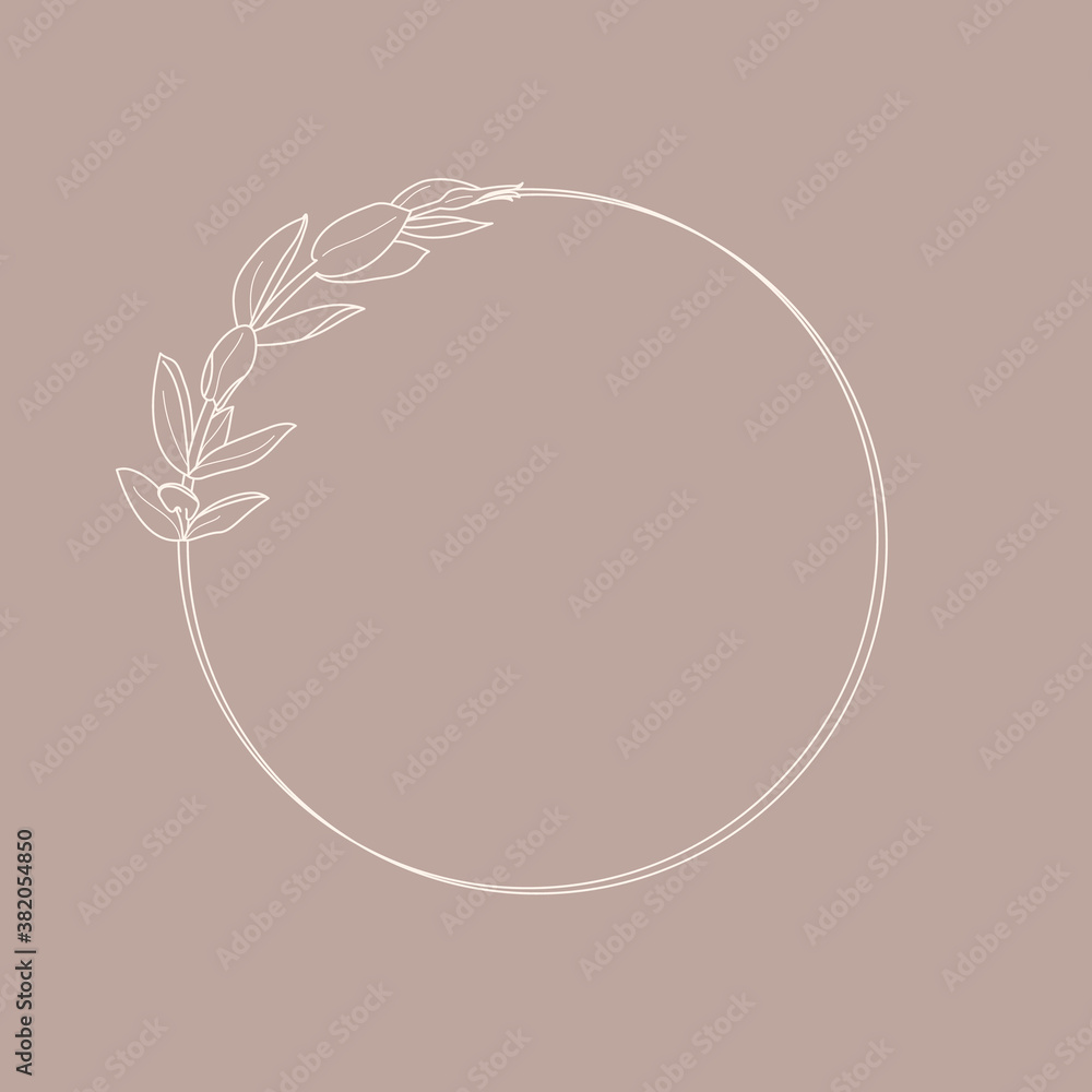 Circle frame of Lisianthus Flowers and branches. Round icon in a trendy minimalistic linear style. Vector Floral Wreath for cosmetics logo, beauty Studio, hair salon, handmade, spa Circle frame of Lisianthus Flowers and branches. Round icon in a trendy minimalistic linear style. Vector Floral Wreath for cosmetics logo, beauty Studio, hair salon, handmade, spa