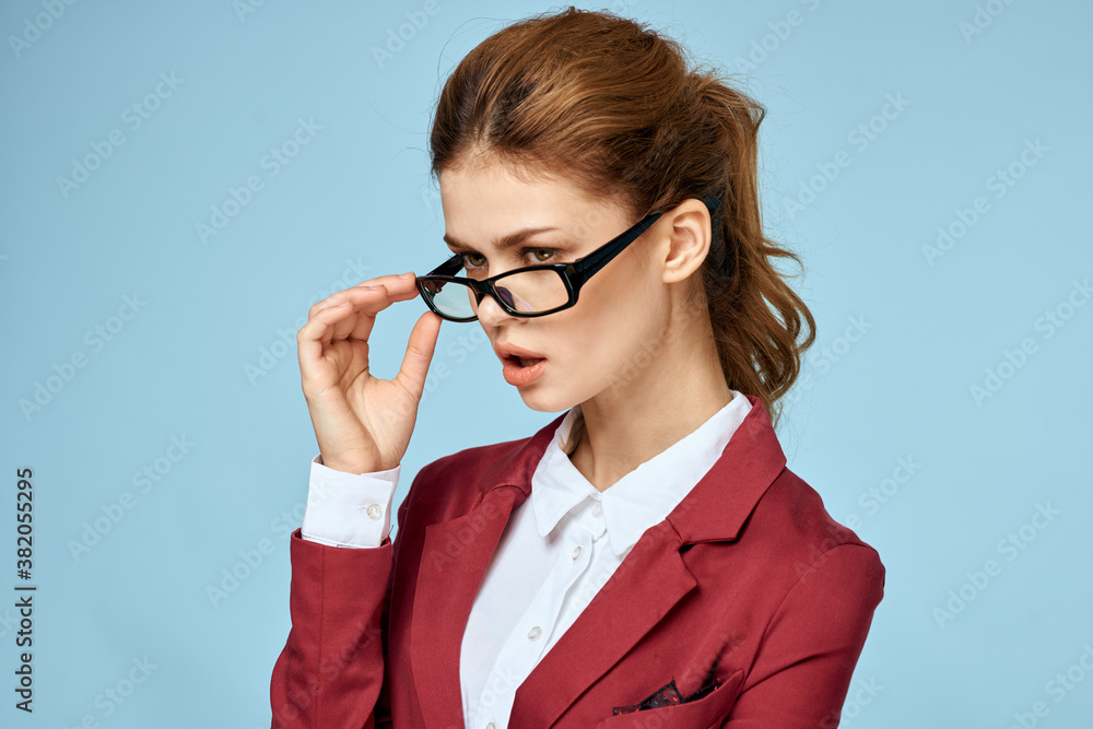 Business woman red jacket business card glasses executive blue background Business woman red jacket business card glasses executive blue background