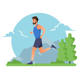 An athlete is running in the morning in a mountain. Illustrations for landing pages and websites