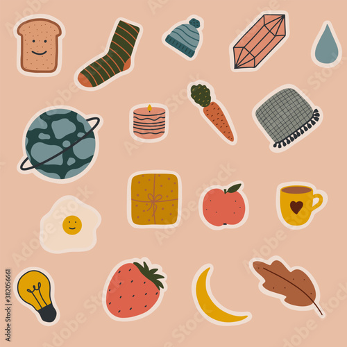 Collection of autumn and winter cozy stickers. Hand drawn vector illustration.
