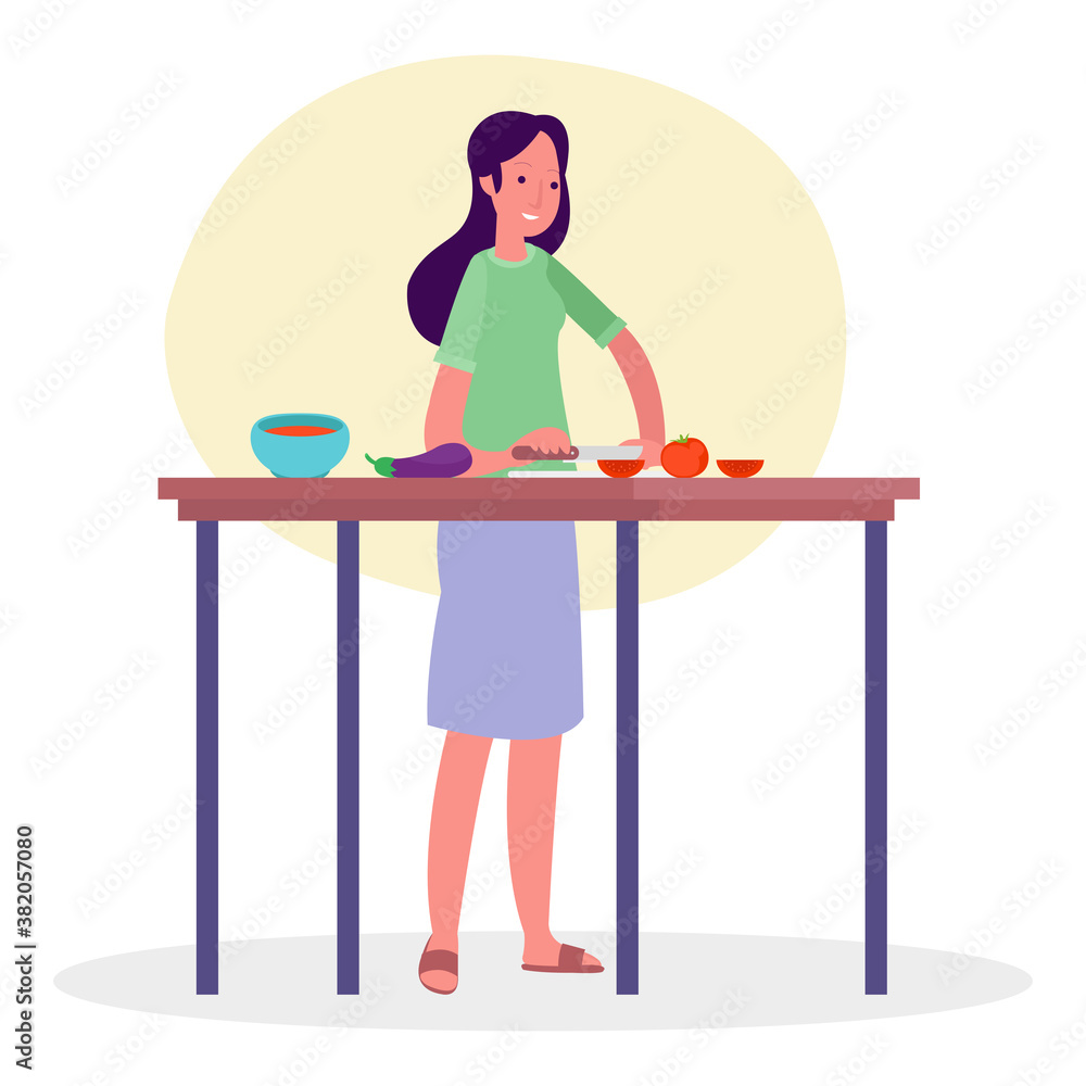 Illustration of a woman preparing breakfast in a kitchen Illustration of a woman preparing breakfast in a kitchen