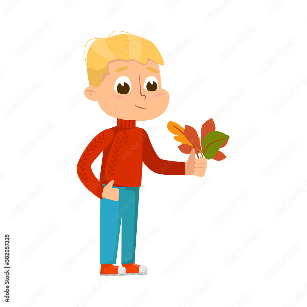 Cute Boy Collecting Herbarium of Colorful Autumn Leaves, Happy Kid Playing Outdoors in Autumn Cartoon Style Vector Illustration Cute Boy Collecting Herbarium of Colorful Autumn Leaves, Happy Kid Playing Outdoors in Autumn Cartoon Style Vector Illustration