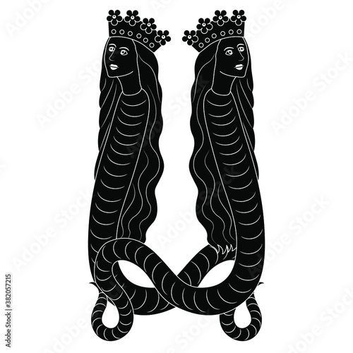 Symmetrical decor with two fantastic lady snakes in royal crowns. Lilith or Melusine. Medieval art. Black and white silhouette.