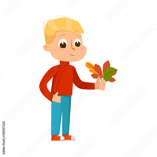 Cute Boy Collecting Herbarium of Colorful Autumn Leaves, Happy Kid Playing Outdoors in Autumn Cartoon Style Vector Illustration