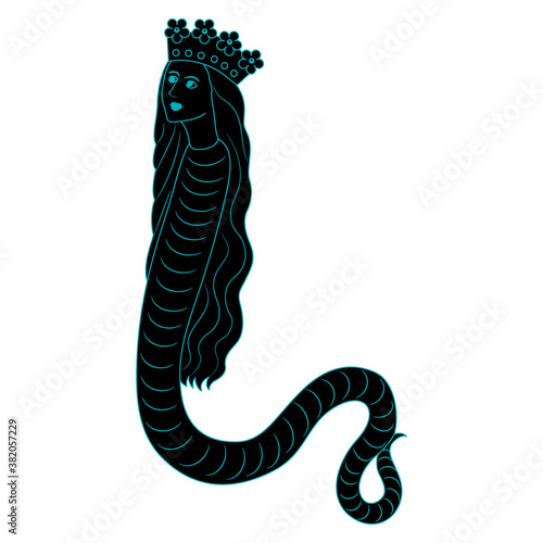 Fantastic lady snake in royal crown. Lady dragon. Lilith or Melusine. Medieval art. Monochrome black and blue silhouette.
