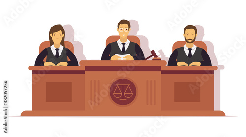 Illustration of 3 judges conducting a trial. Illustration for landing page and mobile app
