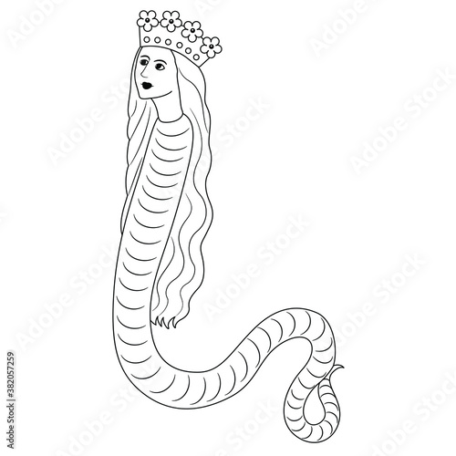 Fantastic lady snake in royal golden crown. Lilith. Medieval art. Black and white linear silhouette.