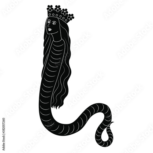 Fantastic lady snake in royal crown. Lilith. Medieval art. Black and white silhouette.