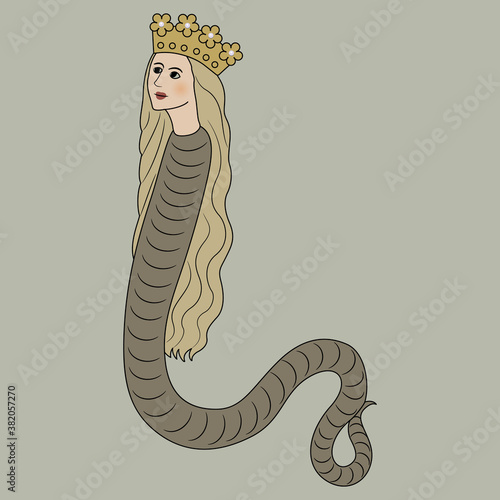Fantastic lady snake in royal golden crown. Lilith.