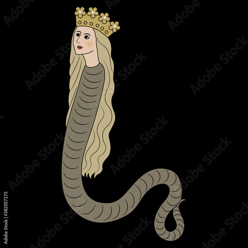 Fantastic lady snake in royal golden crown. Lilith.