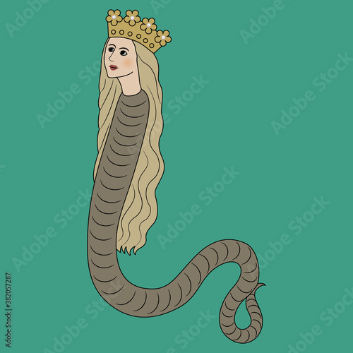 Fantastic lady snake in royal golden crown. Lilith.