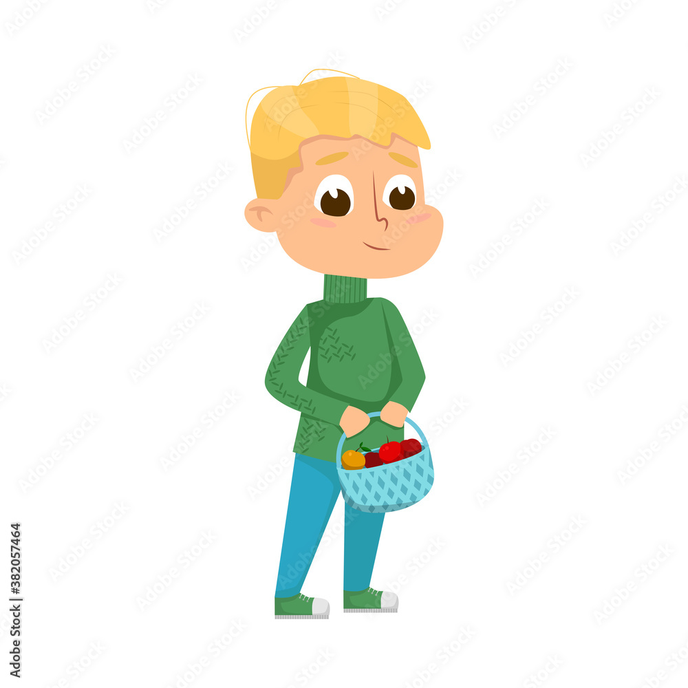 Cute Boy Holding Basket Full of Ripe Apples, Autumn Season Outdoor Activity Cartoon Style Vector Illustration