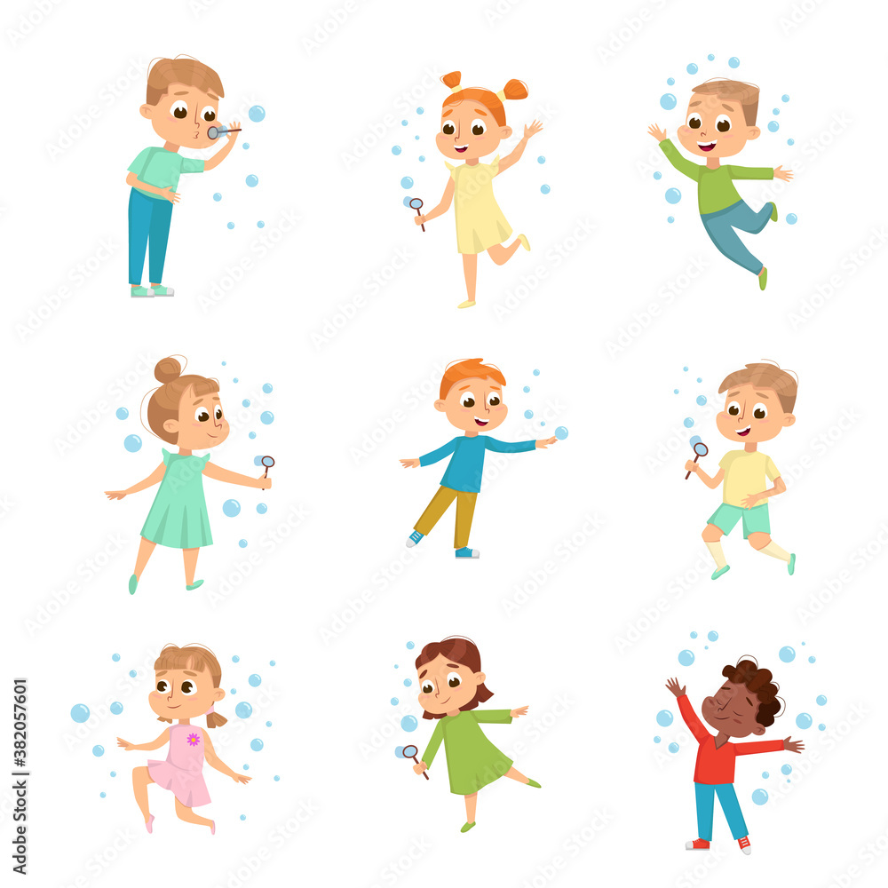 Cute Boys and Girls Blowing Soap Bubbles Set, Adorable Children Having Fun with Soap Bubbles, Kids Leisure, Hobby Game Cartoon Style Vector Illustration