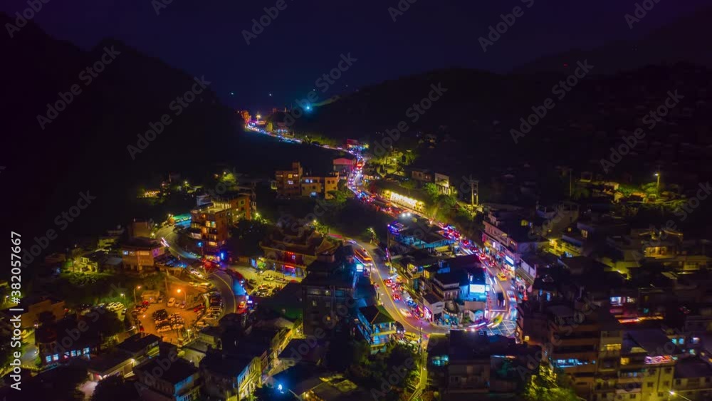 Aerial view 4k Hyper lapse of Jiufen, also spelled Jioufen or Chiufen. A mountain area in Ruifang District, New Taipei City. Hyper lapse in city, Taiwan.