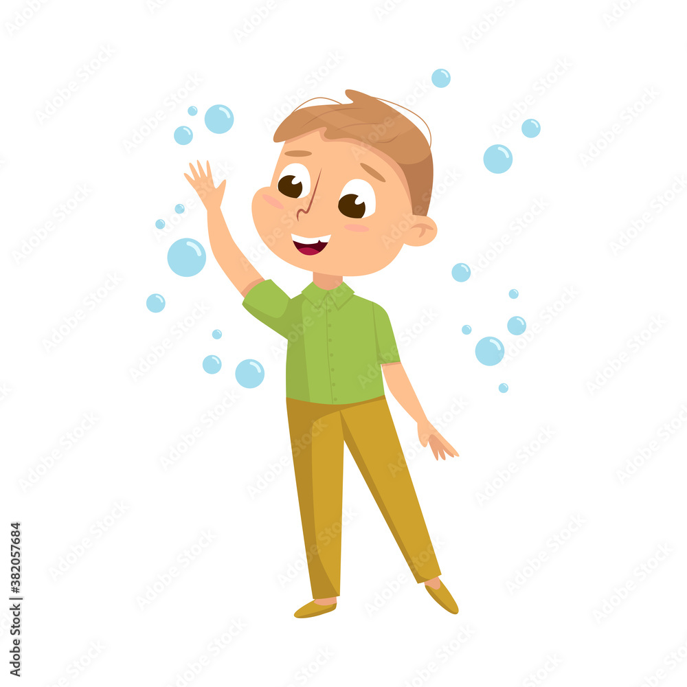 Cute Boy Wearing Casual Clothes Having Fun with Soap Bubbles, Kids Leisure, Outdoor Hobby Game Cartoon Style Vector Illustration Cute Boy Wearing Casual Clothes Having Fun with Soap Bubbles, Kids Leisure, Outdoor Hobby Game Cartoon Style Vector Illustration