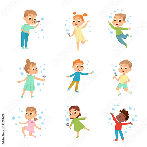 Cute Boys and Girls Blowing Soap Bubbles Set  Adorable Children Having Fun with Soap Bubbles  Kids Leisure  Hobby Game Cartoon Style Vector Illustration